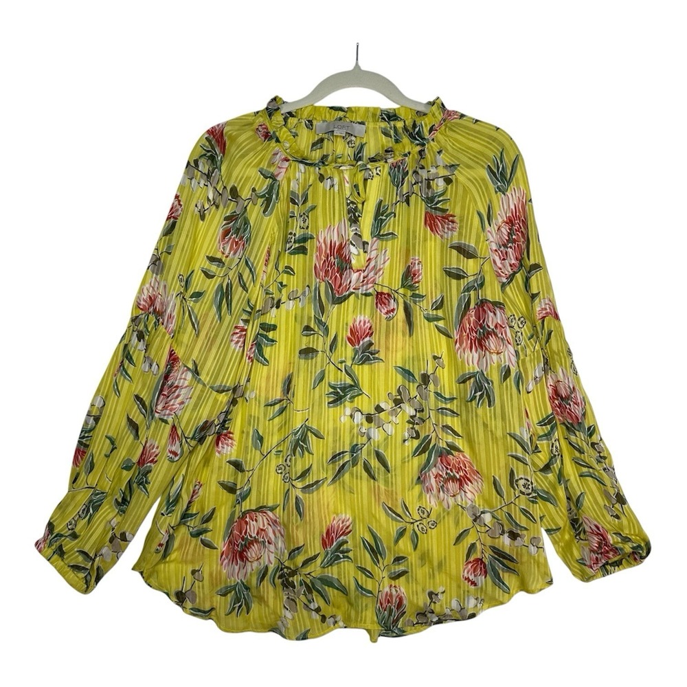 LOFT Yellow Floral Sheer Blouse Top Large‎ L Protea Long Sleeve Ruffle Neck Tie